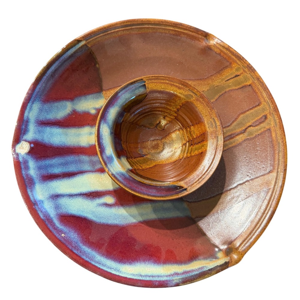 Signed Bill Stewart Studio Pottery Chip Dip Platter Stoneware Drip Glaze
